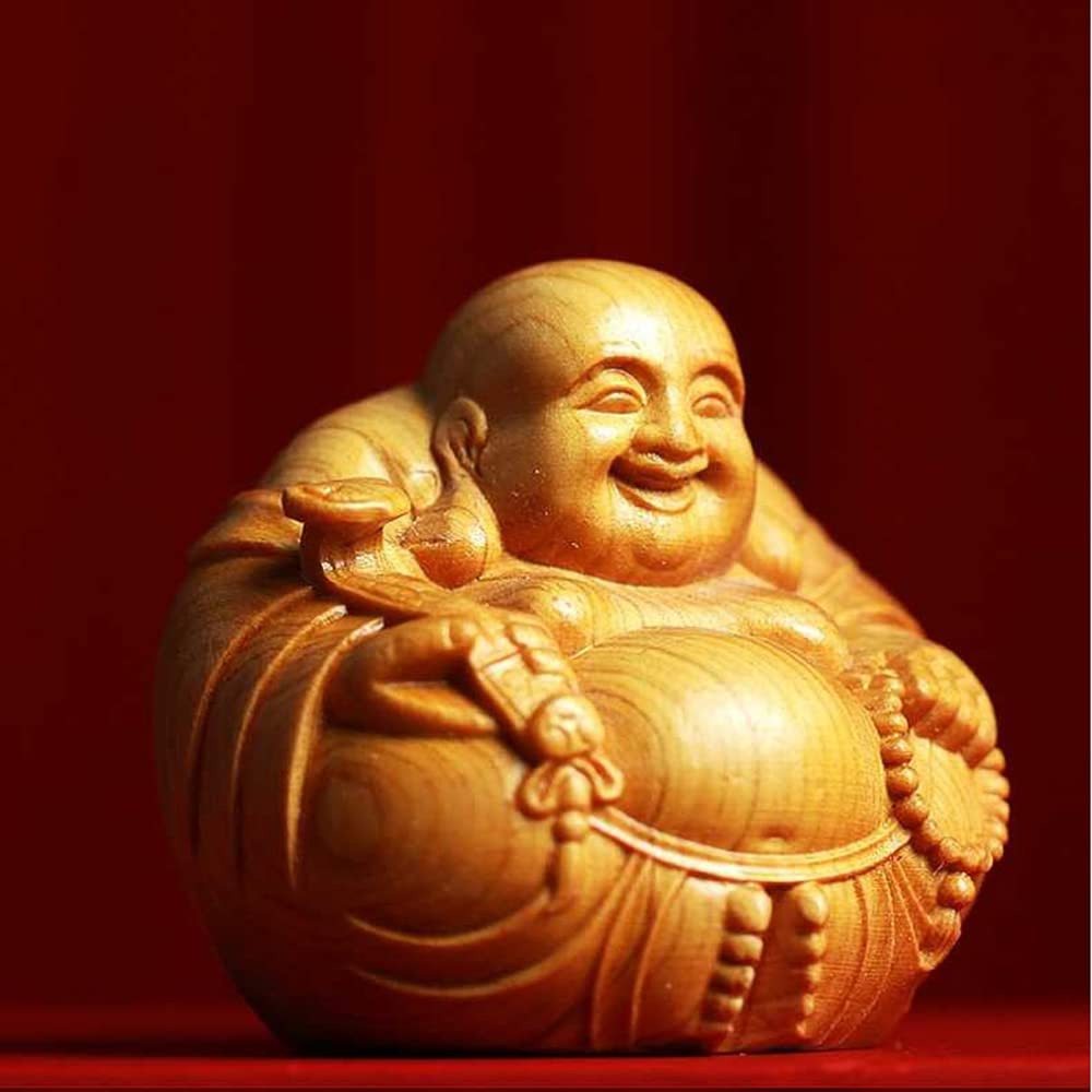 WOWTAC Hotei Seven Lucky Gods Boxwood Mini Hand-Carved Figurine, Buddha Statue Wooden Ornament, Good Fortune Money Luck Charm Amulet