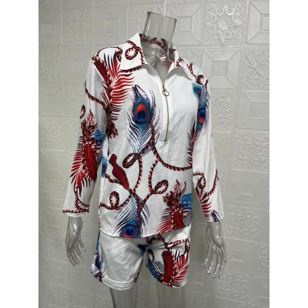 Women's sets summer long-sleeved lapel printed zipper shirt shorts clothes sale