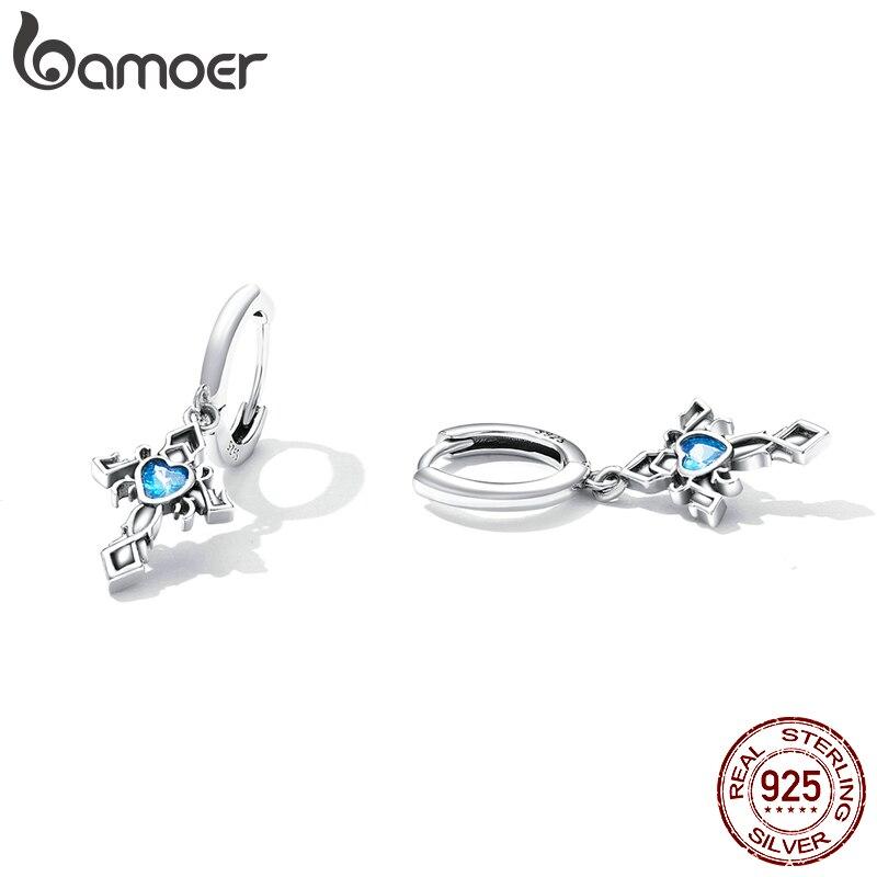 

BAMOER, натуральное серебро 925 пробы, синий камень в форме сердца, винтажный кулон с крестом, женские пряжки для ушей, ювелирные изделия, вечерние, свадебный подарок 925 silver