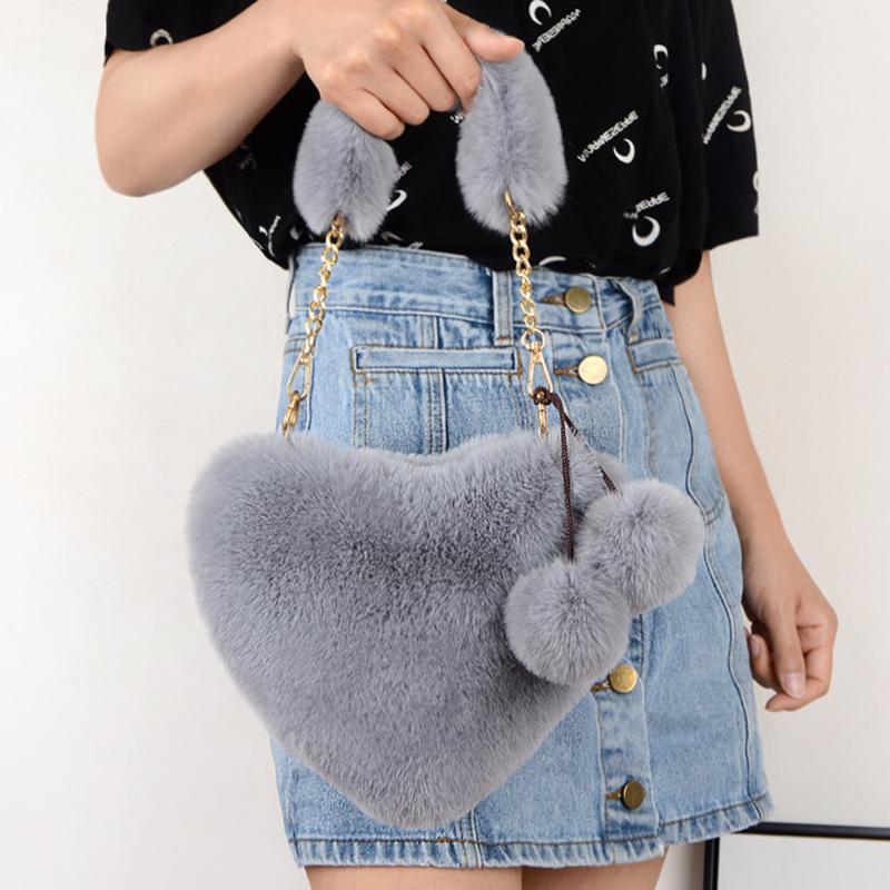 Fashionable Women's Faux Fur Cute Heart-shaped Portable One Shoulder Plush Crossbody Bag Cute Chain Bag Valentine's Day Gift