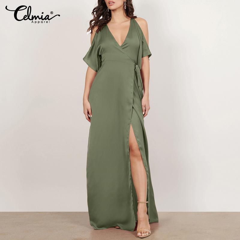 

Celmia Лето Женщины с плеча Пятно Шелк V Шея Короткие рукава Свободные Макси Платье