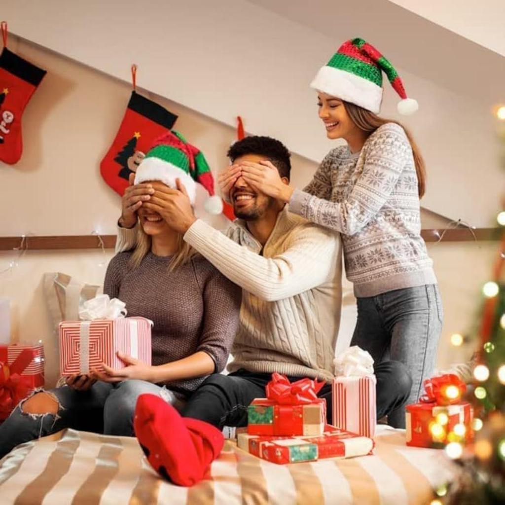 Red & Green Sequin Santa Hat With Plush Ball & Border for Christmas, X-mas Party, Adults - Santa Claus Cap