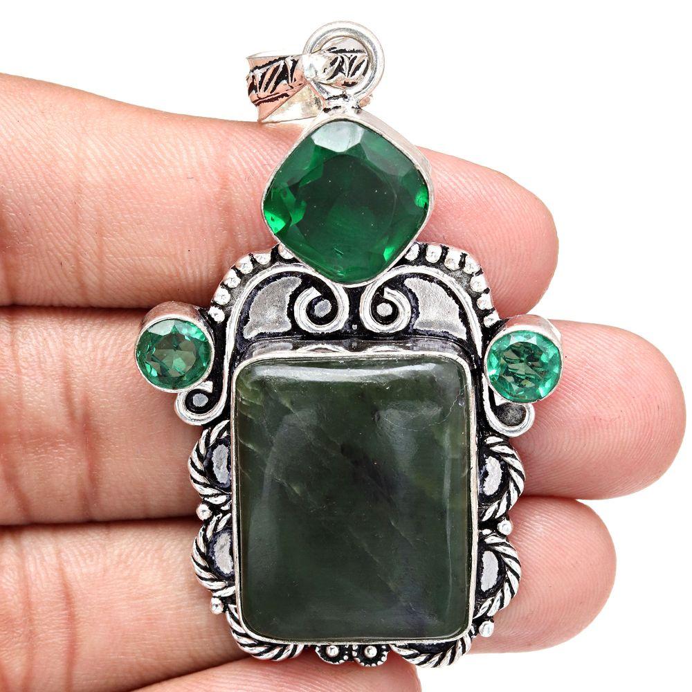 Pendant Black Spinal Emerald Quartz Gemstone Handmade Silver Jewelry 2.5"