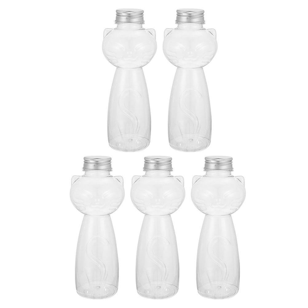 Cat Design 5Pcs Transparent PET Juice Bottles Reusable Leakproof Beverage Containers for Juicing Drinks Milktea Water Storage