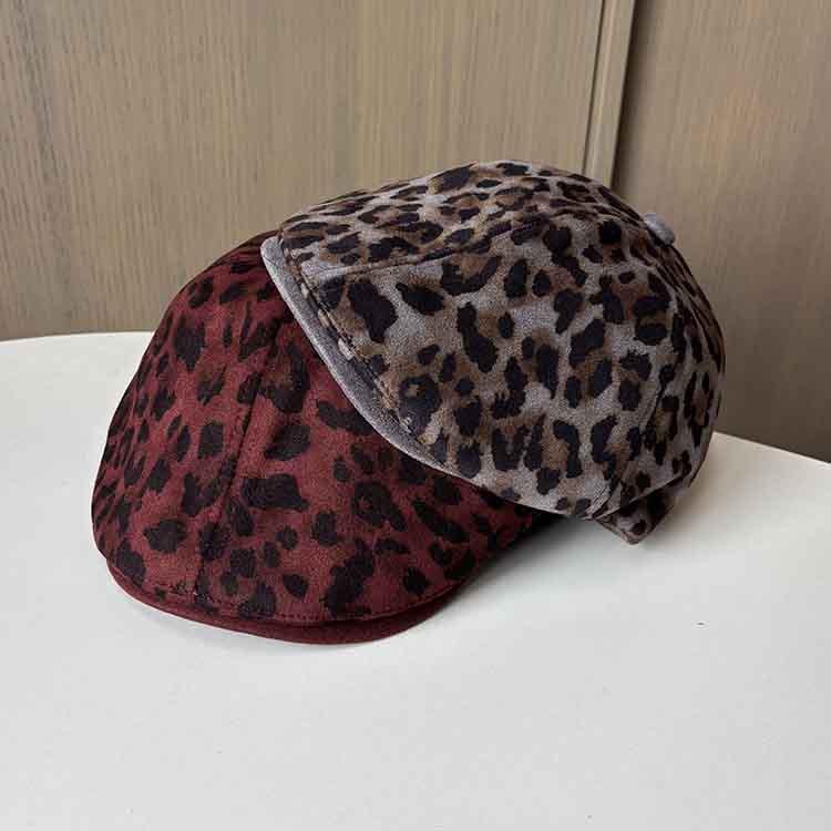 Hong Kong Style Retro Leopard Print Reverse Wear Forward Hat Women Spring And Autumn Personality Suede Duck Tongue Versatile Beret
