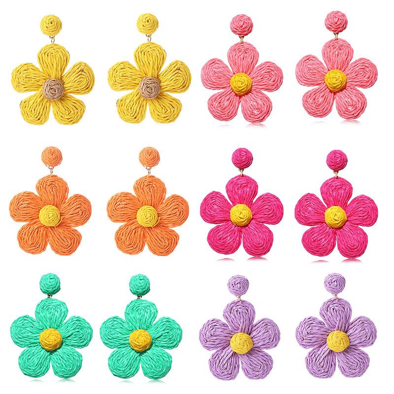 

Женские винтажные серьги из рафии в стиле бохо, плетеные вручную цветы, летние преувеличенные пляжные украшения ручной работы