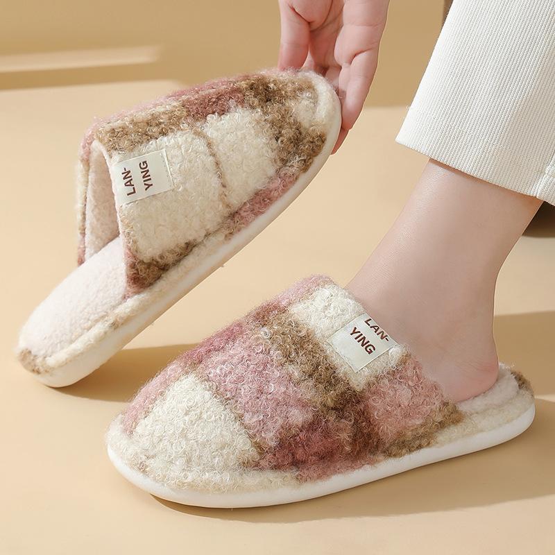 New classic plaid cotton slippers autumn and winter home use couple silent non-slip velvet warm fluff mop