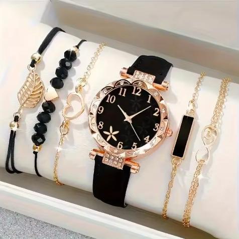 European And American New Women'S Diamond-Encrusted Dial Belt Quartz Watch Beaded Bracelet Set 6Pcsset