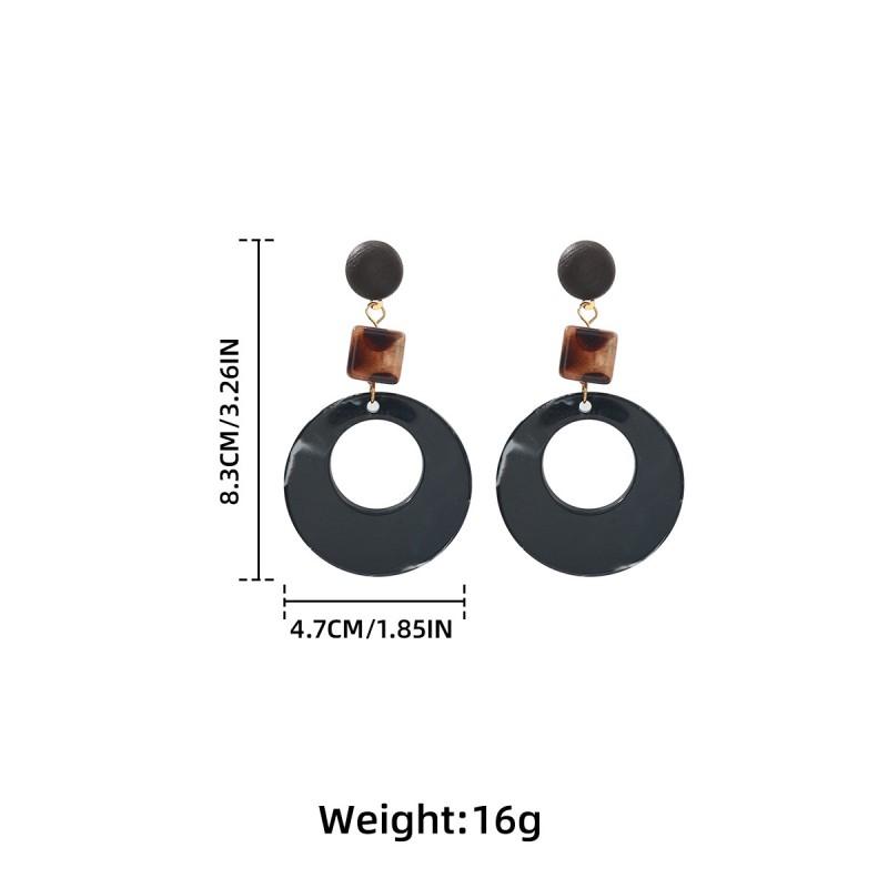 Geometric Wooden-Style Resin Earrings Women Hollow Out Vintage Boho Statement Drop With Leopard Print Detail