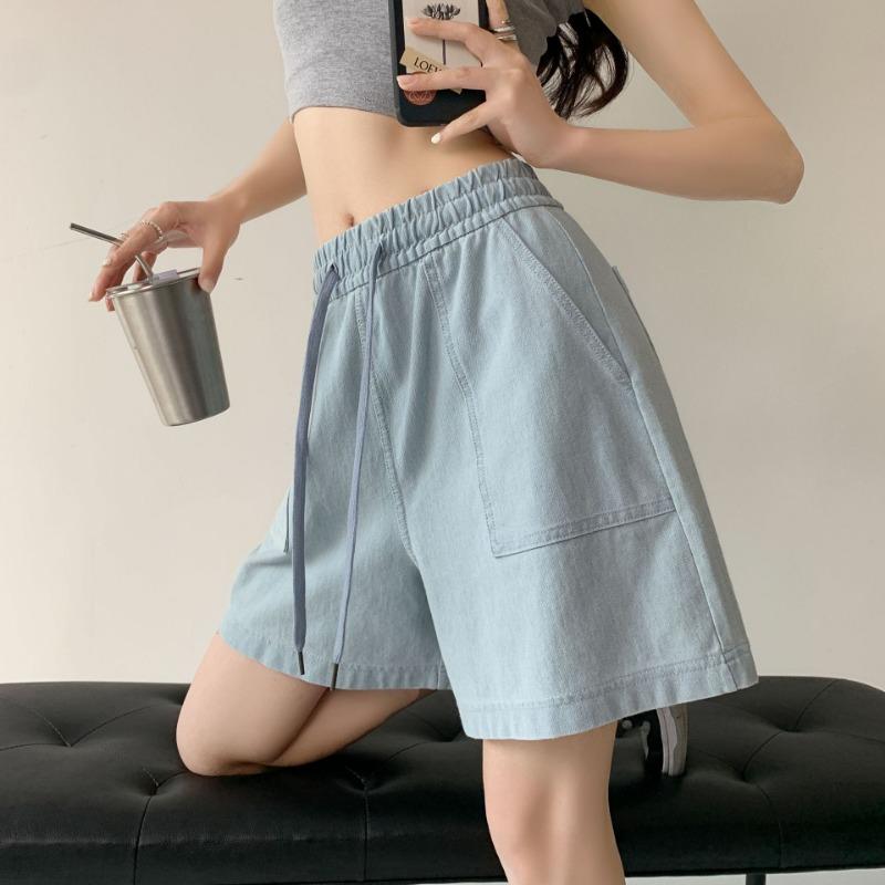Letnie Damskie Luźne Szorty Jeansowe Modne Kieszenie ze Sznurkiem Szerokie Nogawki Szorty Denim Eleganckie Szorty Jeansowe A-line Casualowe Plisowane Szorty ze Stanem 948