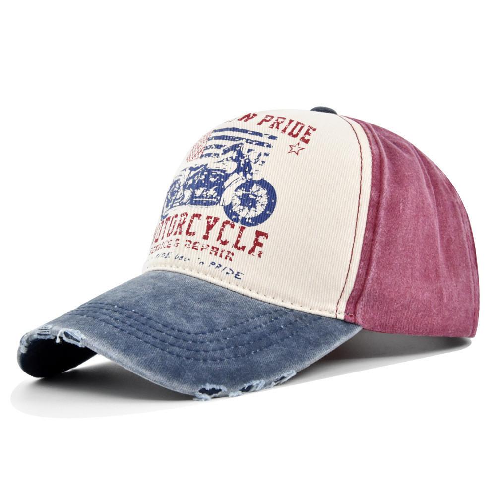 Baseball Cap Motorcycle Washed Vintage Cap Color Block Wide Brim Duck Tongue Hat