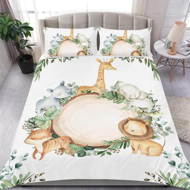 Lovely Baby Elephant Flowers Duvet Cover Set Cute Cartoon Animals Bedding Set Giraffe Quilt Cover Twin Full For Girls Boys Gift
