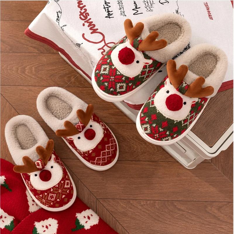 New Winter Lovely Women's Slippers Home Cute Cartoon Cotton Slippers Christmas Deer Non-Slip House Shoes