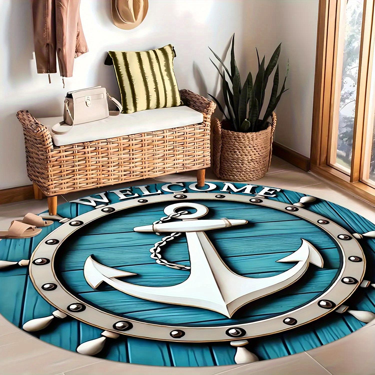 1 шт. Круглый коврик «Добро пожаловать, якорь» - Толщина 0,47 дюйма, Мягкая текстура, Морской дизайн в сине-белых тонах с веревочной цепью, Нескользящая резиновая основа, Mac 60cm-dia.