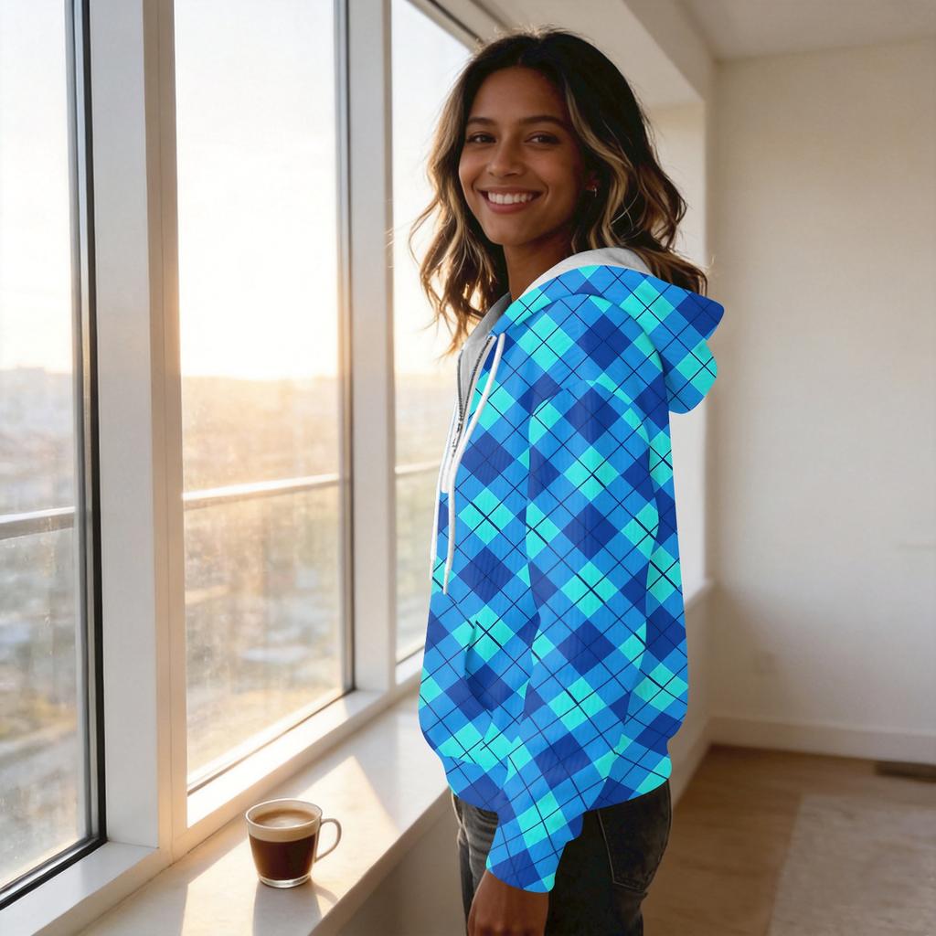 Women's Long Sleeve Pullover Hoodie with Plaid Print and Drawstring Casual Top
