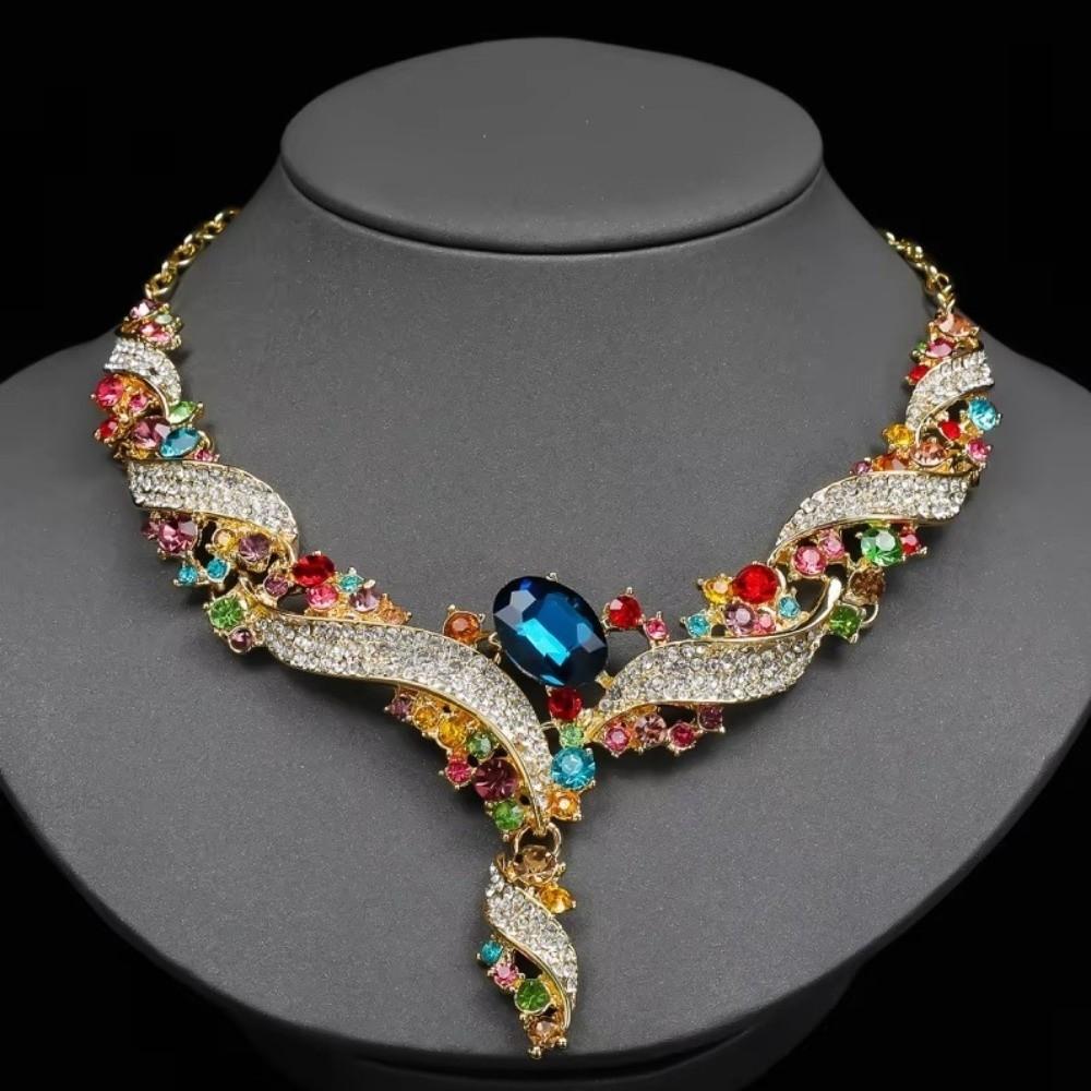 Colorful Rhinestone Jewelry Set Exaggerated Style Collar Necklace Earring Set  Luxury