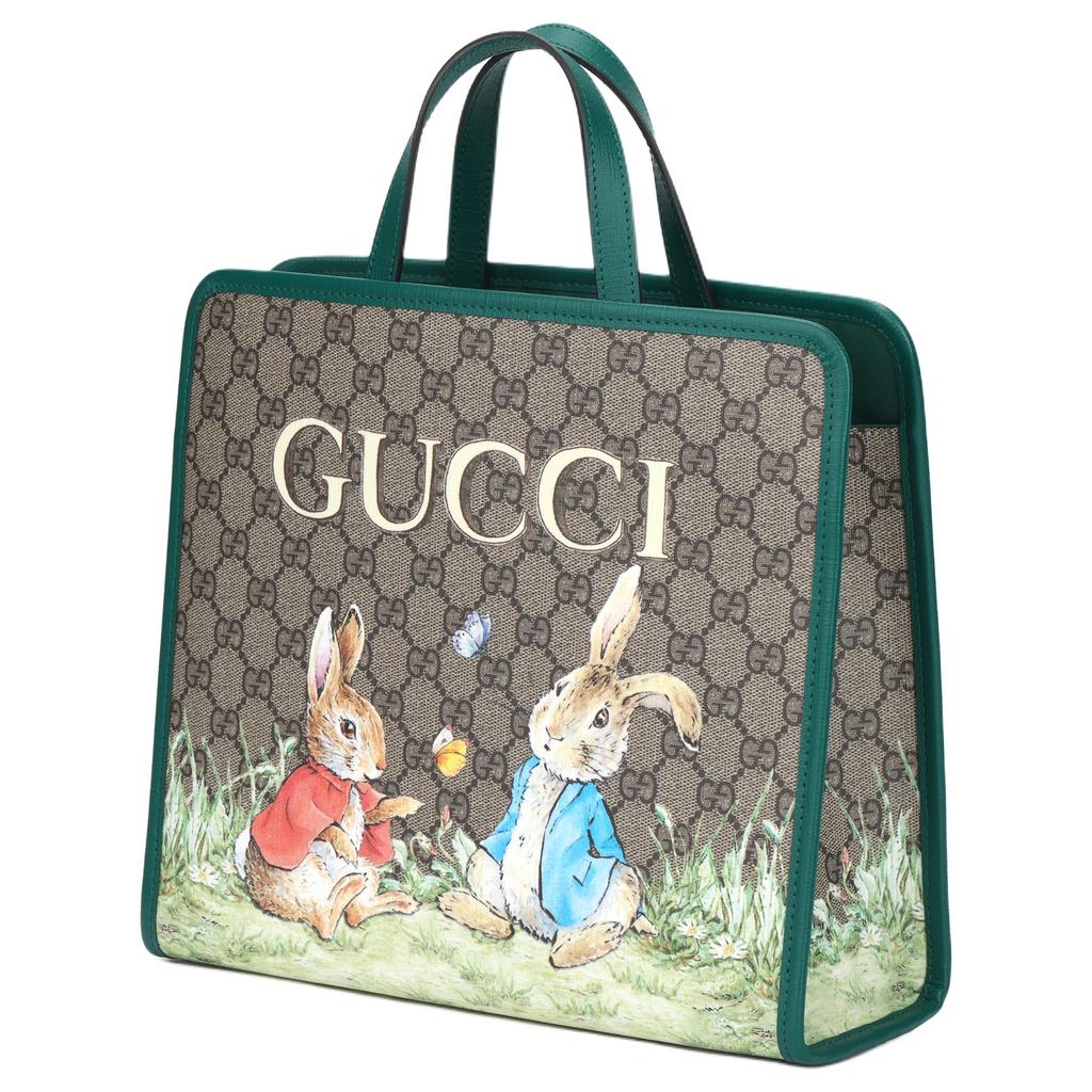 Gucci X Peter Rabbit Kolaboracja Nadruk Zwierzęcy Magnetyczne Zamknięcie Płócienna Torba Tote Dzieci Torba Tote Beżowy Ciemny Brąz 605614-FACZU-8459