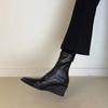 Cowhide version~ British style square head leather elastic thin boots women's slope heel heel heightening soft leather black rear zipper short boots