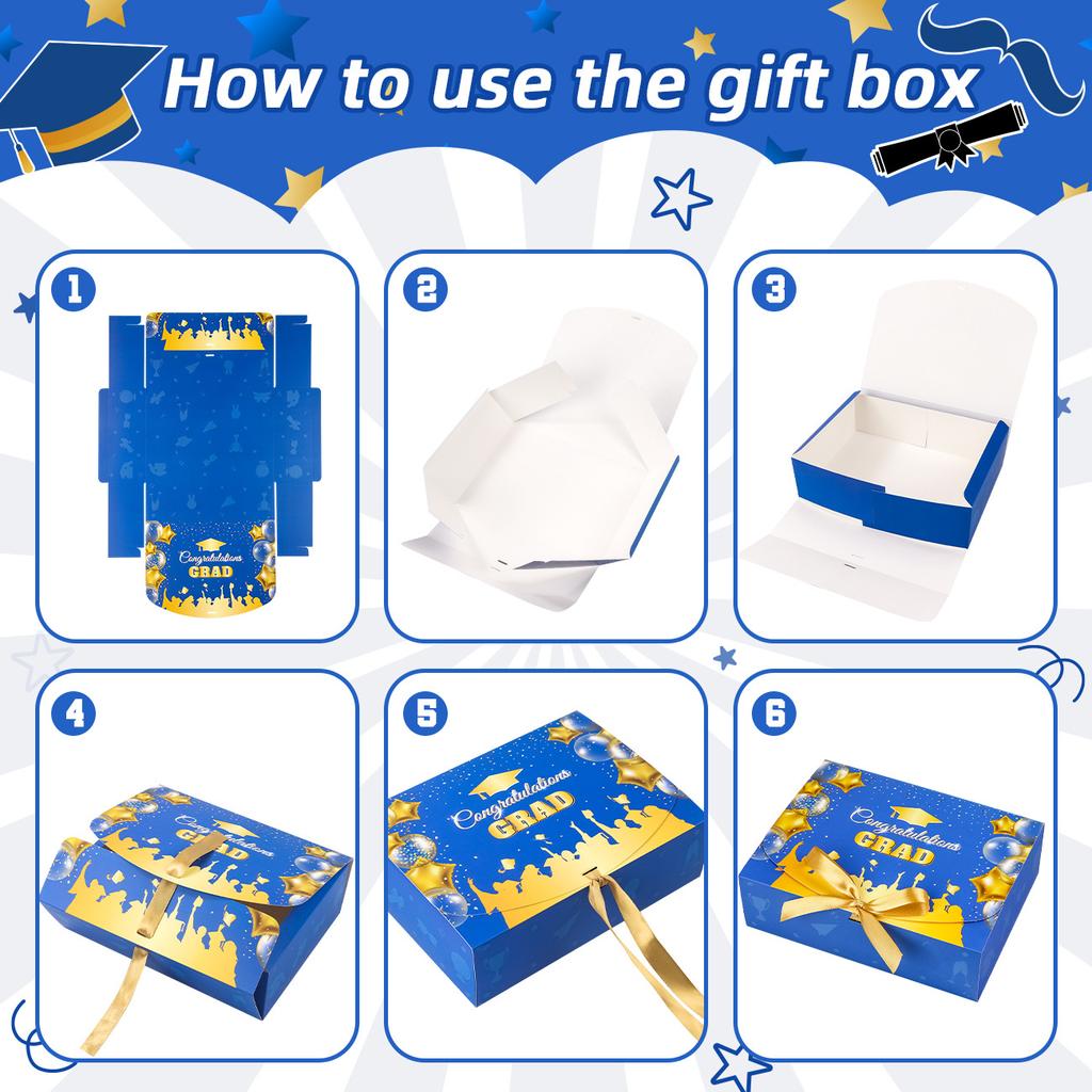 Larger Graduation Gift Box With Gold Ribbon, 27208cm Blue Graduation Box,Decorative Paper Box For Graduation Party Favors, Candy, Gifts & Keepsakes