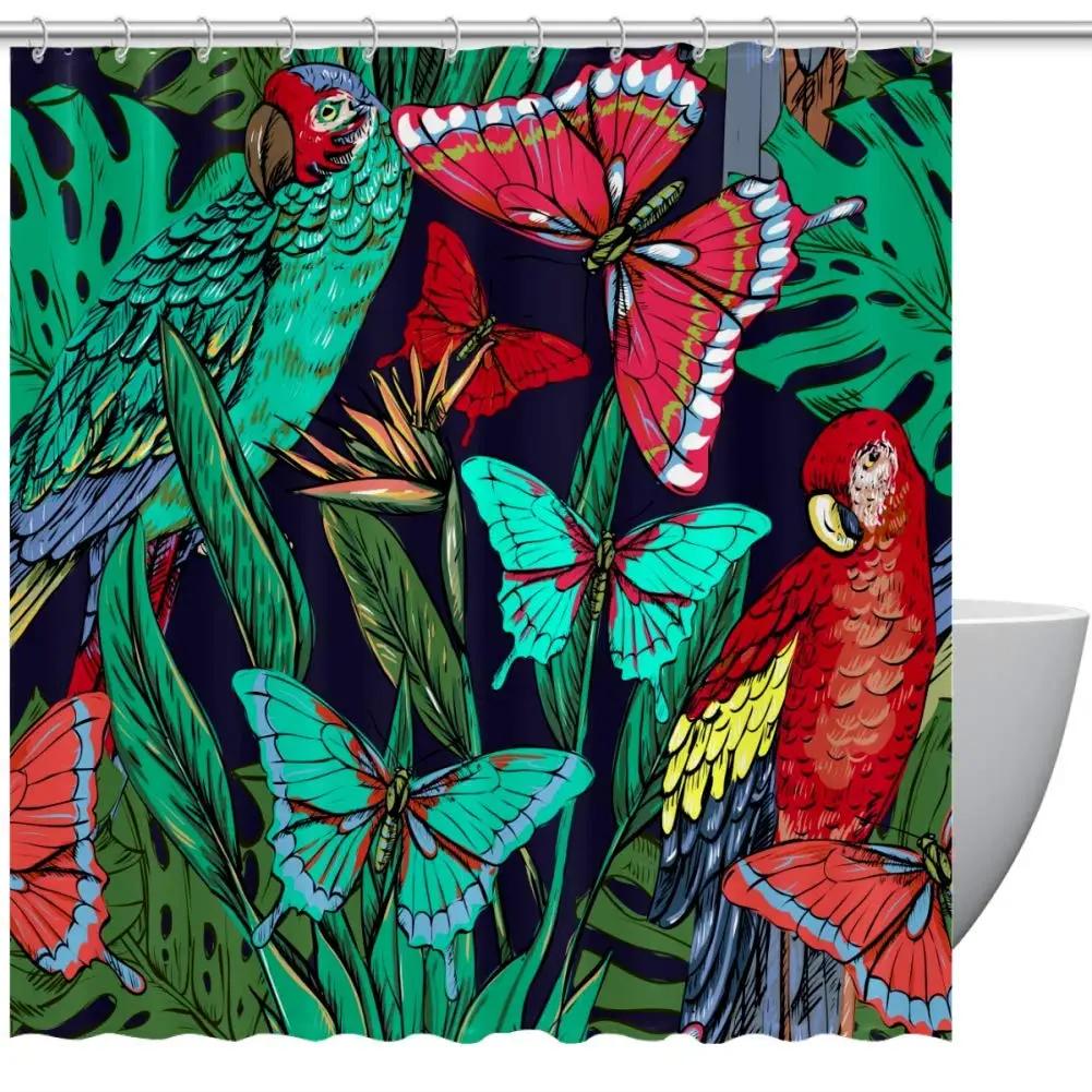 Dunika Chen Tropic Flowers And Parrot Watercolor Shower Curtain Waterproof Polyester Fabric Bathroom Decoration Bathtub Screen With Hooks