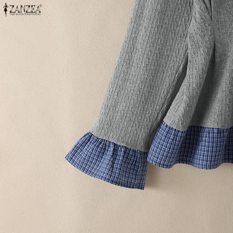 ZANZEA Womens Round Neck Casual Plaid Patchwork Long Sleeve Blouse