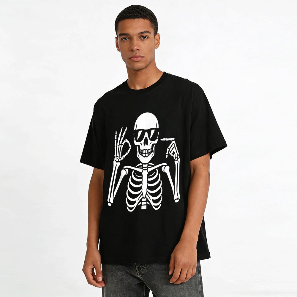 Funny Skeleton Gesture Print Casual T-Shirt Unisex Daily Top Pure cotton T-shirt