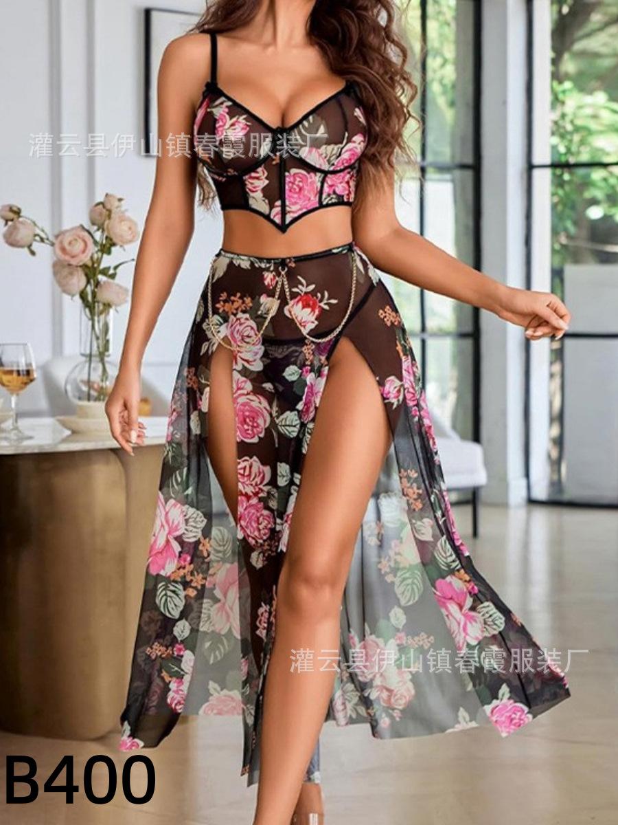 2026 новый европейский и американский цветочный треугольный стаканчик сексуальный комплект пижамы с открытой спиной сетчатая одежда женская S