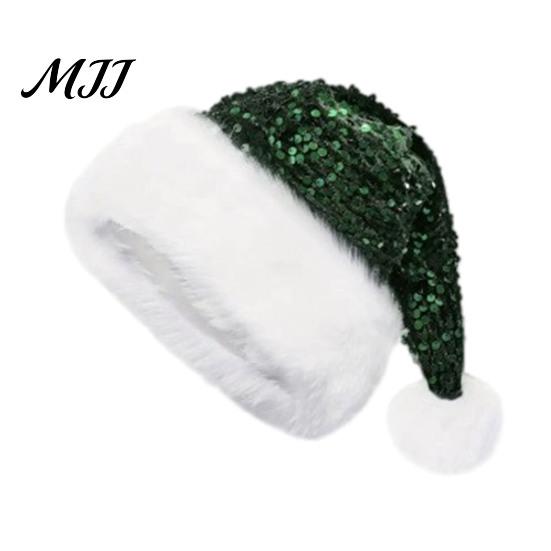 Cozy Holiday Costume Accessory Christmas Sparkly Sequins Santa Hat for Adults, Velvet Plush Glitter Bling Universal Fit Claus with Fluffy Pompom Xmas