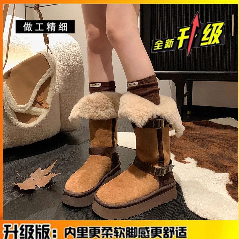 

Leather thick-soled high snow boots women s winter new thick-soled piled thickened warm boots cotton shoes 40