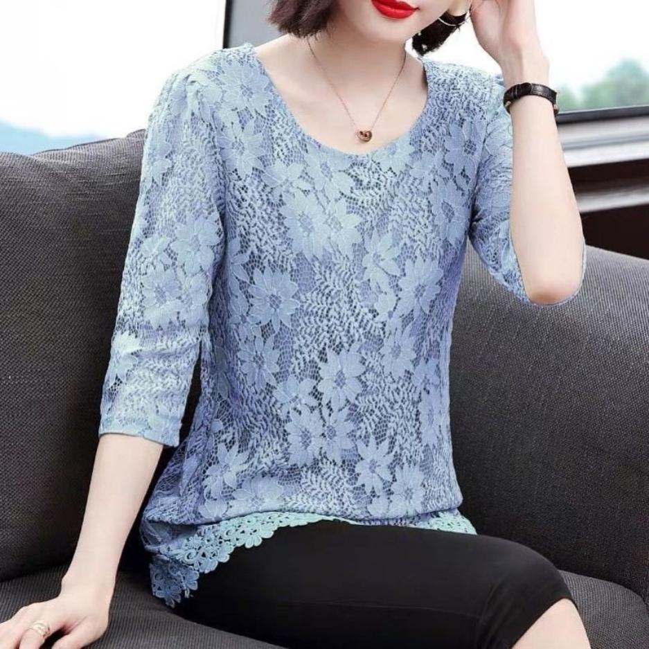 Women's Lace Shirt Top Seven Sleeve Summer Clothes Hollow Out Large Medium and Long Lace