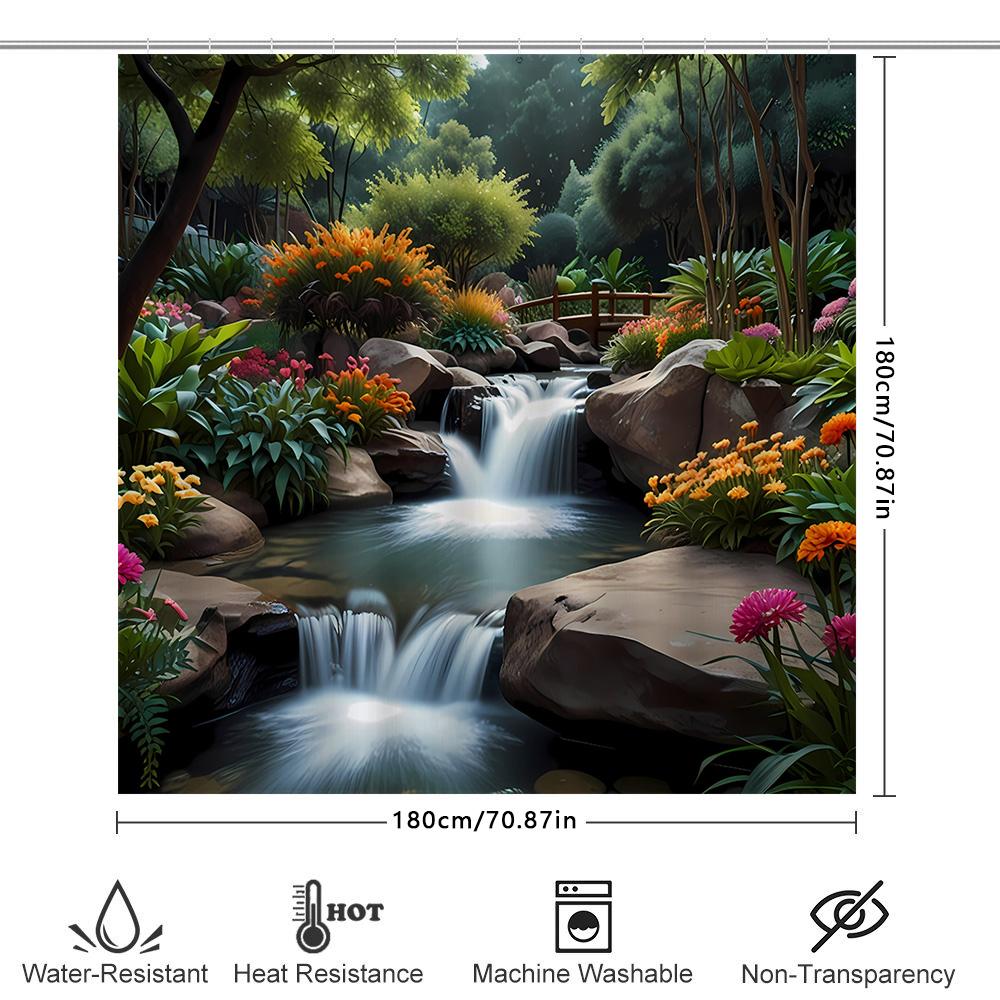 3D Printed Shower Curtain Garden Waterfall Design with Vivid Flowers Rockery Waterproof Bath Decoration for Home Decorations.