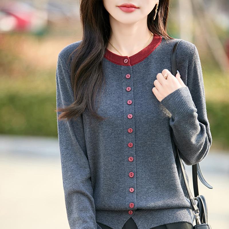 Autumn Winter O Neck Single Breasted Patchwork Knitting Coat Women Casual All-match Cardigan Sweater Top