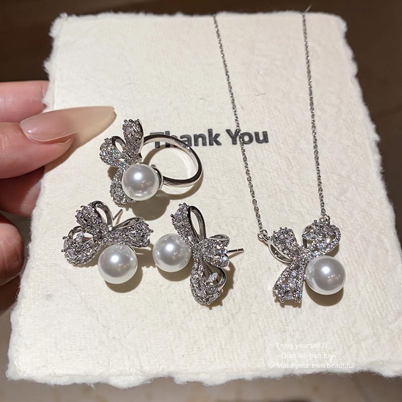 Minimalistische Zirkonia Schmetterling Schleife Ohrstecker Ringe Mit Künstlicher Perle Für Frauen Sommer Mode