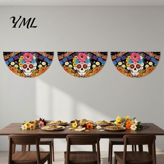 Durable Polyester Bunting Day of The Dead Skull Banner, Marigold Print Fiesta Decorative Wall Hanging Flag, Colorful Sugar Outdoor Yard Party