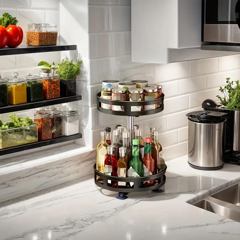 3-Tier Metal Rotating Organizer Spice Rack Seasonings Cans For Kitchen Accessories 360-Degree Non-Skid Carbon Steel Storage Tray