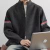 Unisex American Retro Color Block Cardigan Sweater with Stand Collar and Double Zipper for Autumn/Winter.