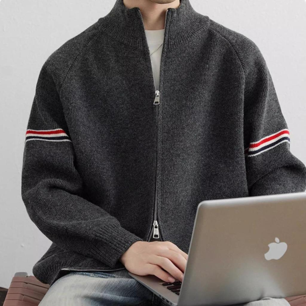 Unisex American Retro Color Block Cardigan Sweater with Stand Collar and Double Zipper for Autumn/Winter.
