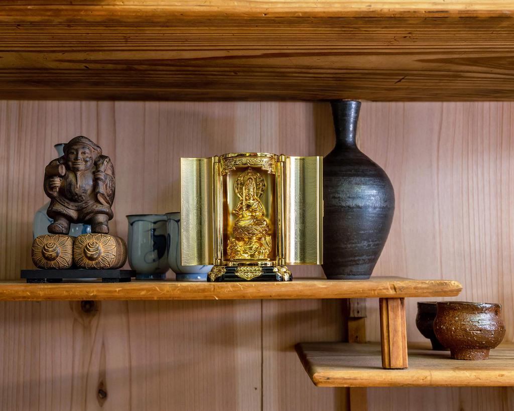 Buddhist Statue of Manjusri Bodhisattva In a Shrine by Sculptor Keishu Original Model In the Year of the Zodiac Guardian Takaoka Bronzeware (gold