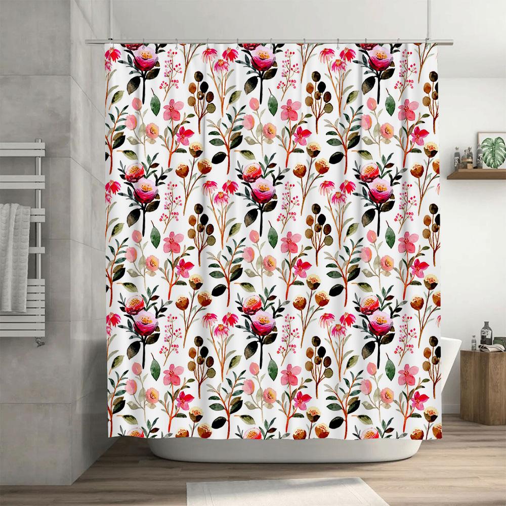 Floral Shower Curtain Pink Blossoms Greenery Bath Decor Waterproof Fabric 180X275Cm Home Accessories