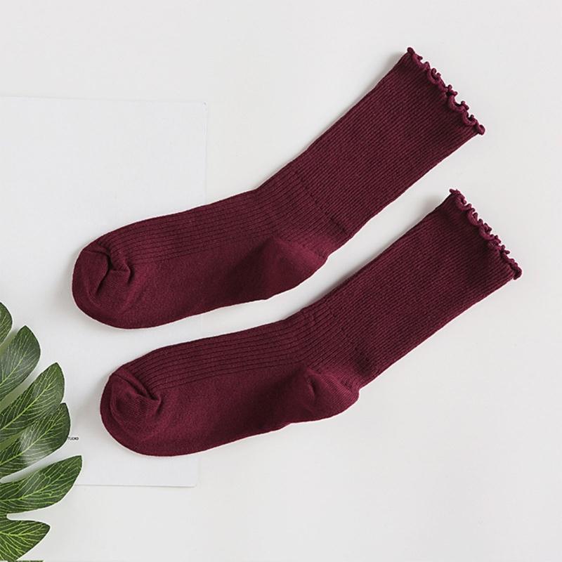 Ruffle Ankle Socks for Women Cotton Soft Solid Color Ribbed Knitted Lettuces Edge Low Cut Middle Tube Frilly Crew Socks
