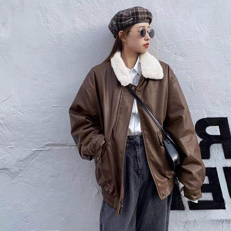 Y2k Lapel Long Sleeved Short Leather Jacket Women Vintage Slim Brown Cropped Coat 2024 New Fashion Lady Street Party Outwears