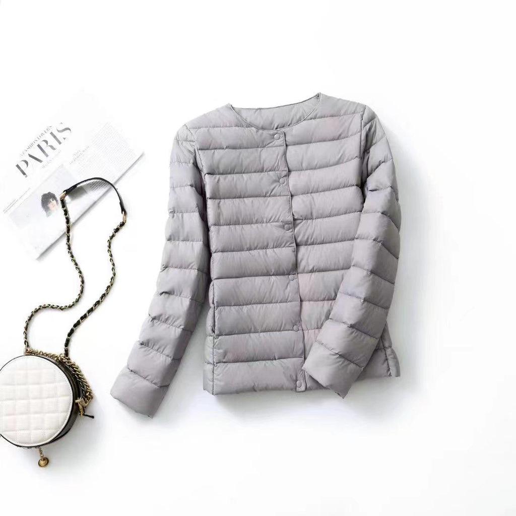 Women's Lightweight Down Jacket - V-Neck, Round Neck, Solid White, Simple Design, Thin & Lightweight Duck Down Coat