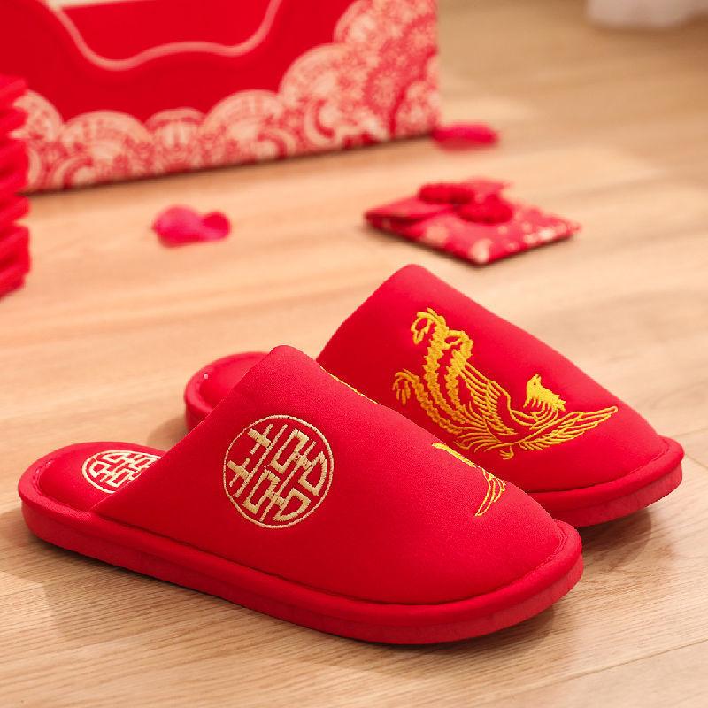 Wedding cotton slippers women's winter home indoor wedding warm plush non-slip soft sole festive big red couple cotton shoes