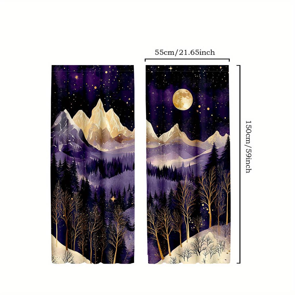 2pcs Modern Abstract Mountain Curtains, Moon and Stars Night Sky for Bedroom and Living Room Decorative curtains