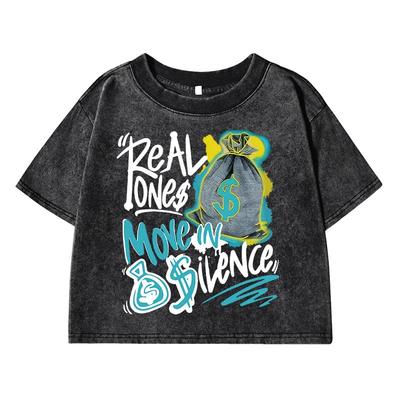 Leuchtender Geldsack-Print Damen Gewaschenes Kurzarm-T-Shirt Distressed Street Retro T-Shirts Bauchfrei Atmungsaktives T-Shirt