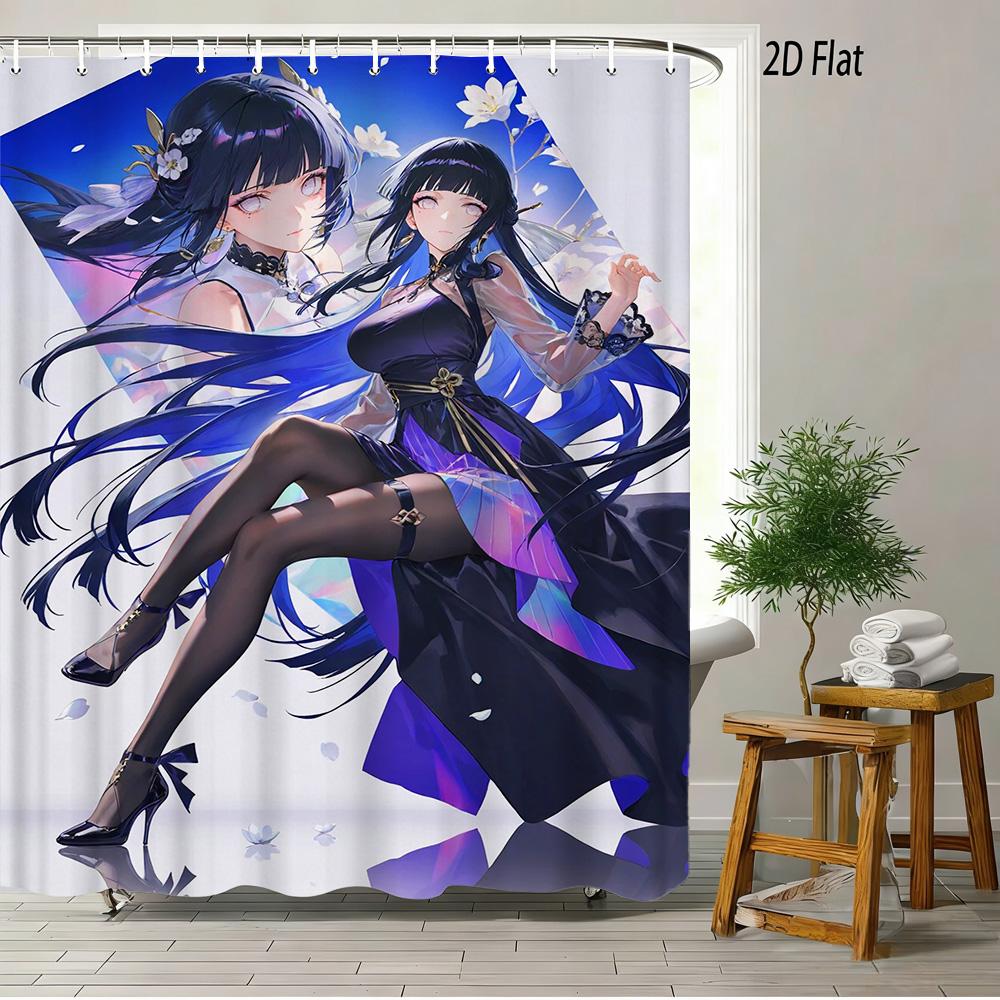 2D Flat Anime Girl Light Blue Hair White Dress Peace Sign Shower Curtain Waterproof Bathroom Decor