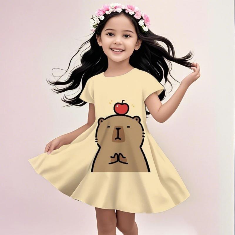 2026 Cute Sunshine Capybaras Summer Round Neck Children Dress Cute Girl Short Sleeve Doll Dress Birthday Gift Princess Dress