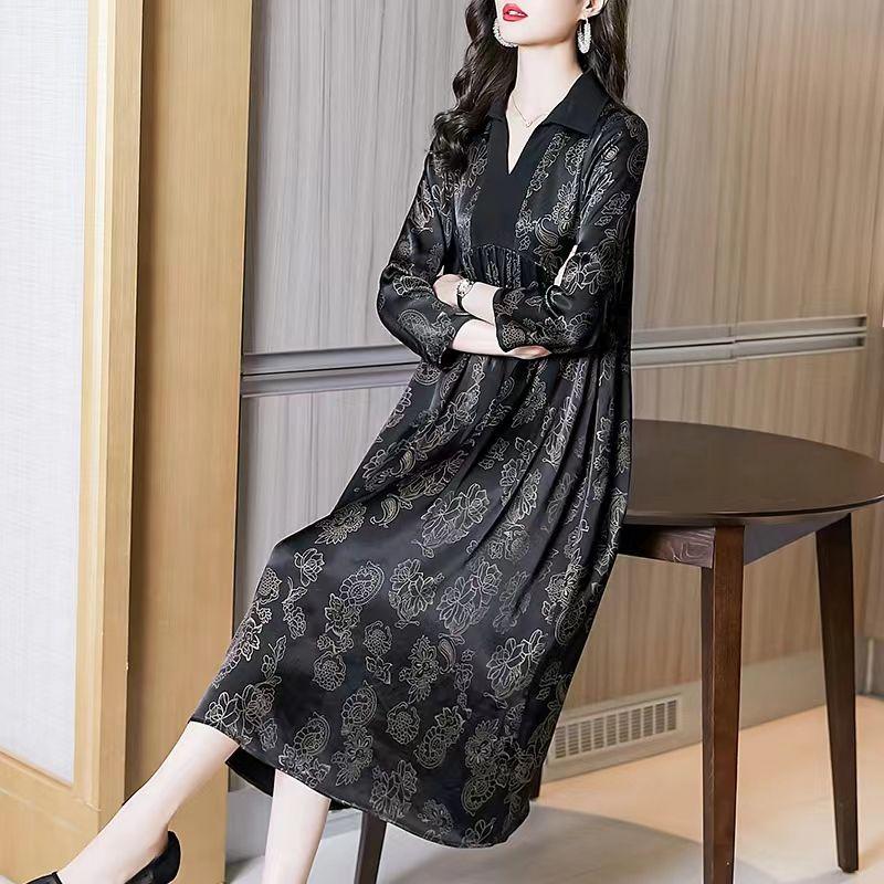 Casual Turn-down Collar Spliced Dresses Vintage Floral Printed Spring Summer 3/4 Sleeve Loose A-Line Long Dress