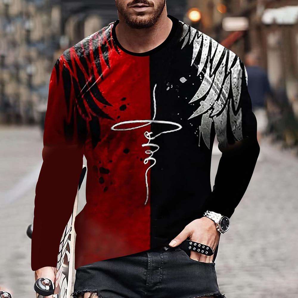 Mens T Shirt Autumn Long Sleeve Top Lion Pattern Clothing Casual O Neck Oversized Cross Print Pullover Autumn Mens T Shirt