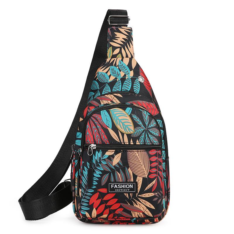 Bunte Blätterprint Sling Crossbody Tasche, Mehrschichtige Damen Brusttasche, Stilvolle Nylon Schultertasche mit Verstellbarem Schultergurt